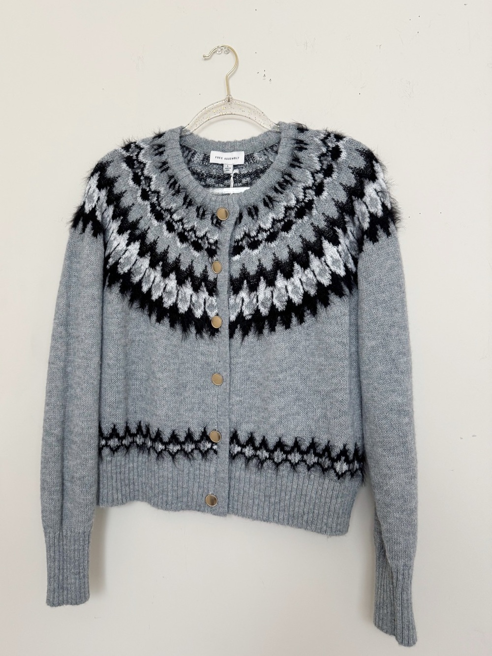 Frame Denim Light Grey Fair Isle Wool-Blend Cardigan with Black & White Yoke